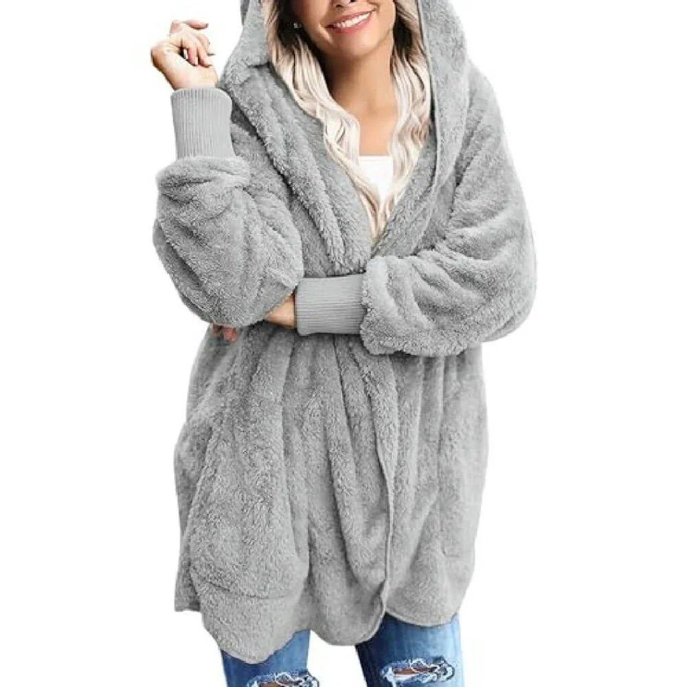 Oversized Sherpa Fleece Jacket Long Cardigan with Pockets Plus Size